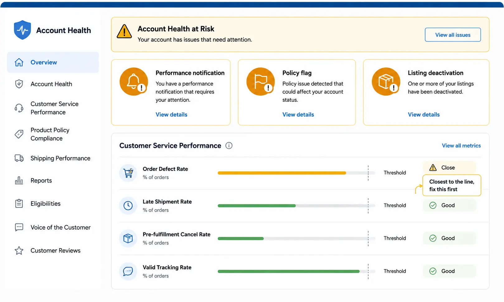 Amazon account health warnings as a sign to get help